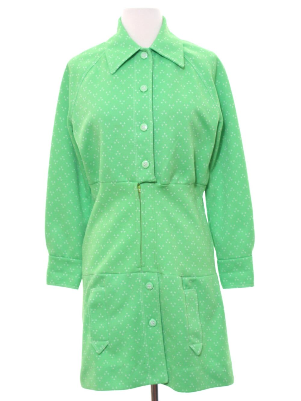Vintage 70s Catalina Green Mod Mini Shirt Dress Polyester Knit Small